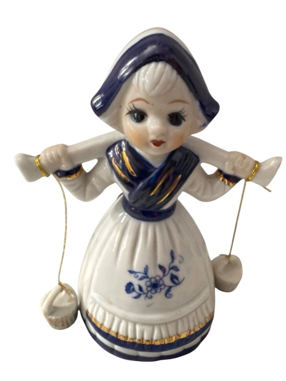 Ceramic Dutch Girl Bell Figurine Hand-Painted Floral Blue & Gold Accents 4 Inche